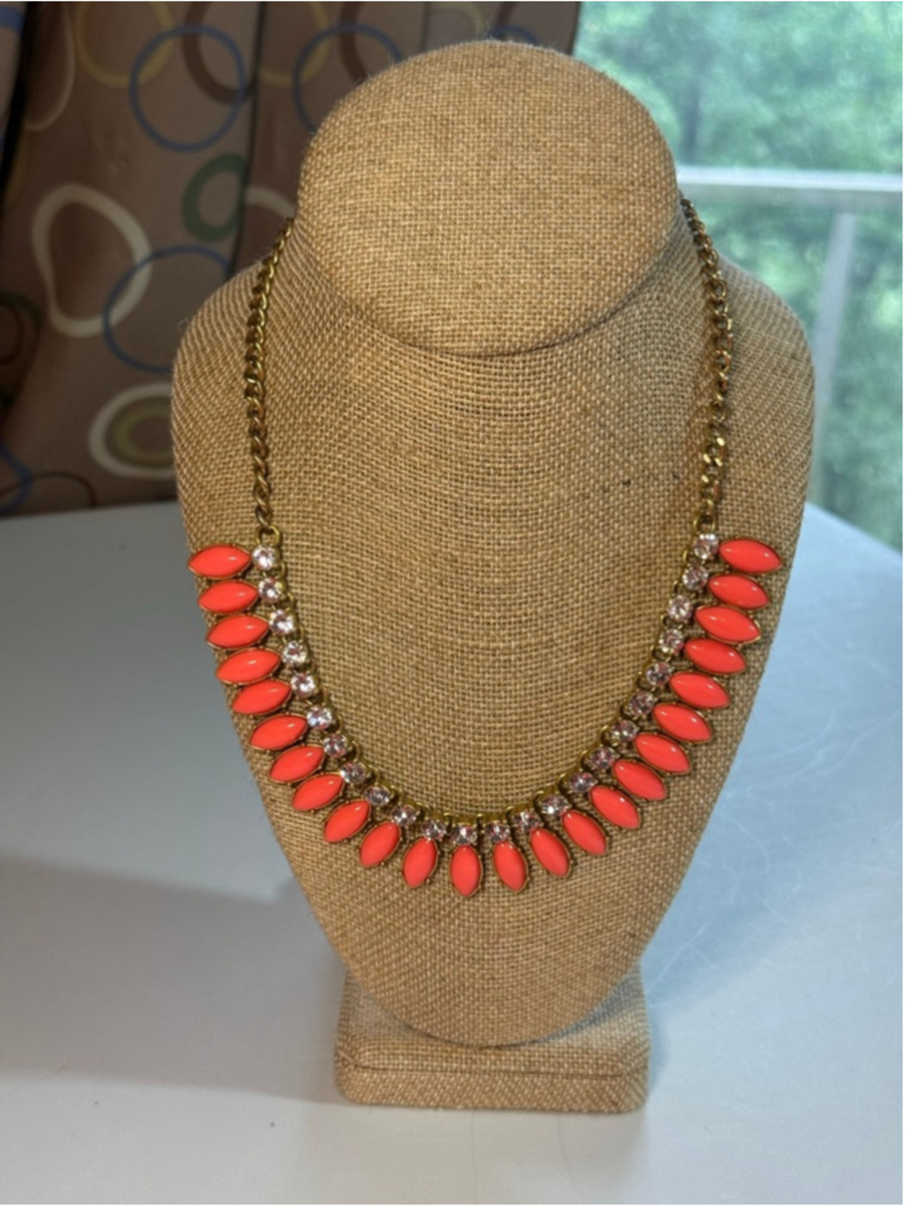 Y2K J.Crew Gold-Tone Orange Coral Lucite and Clear Stone Statement Necklace